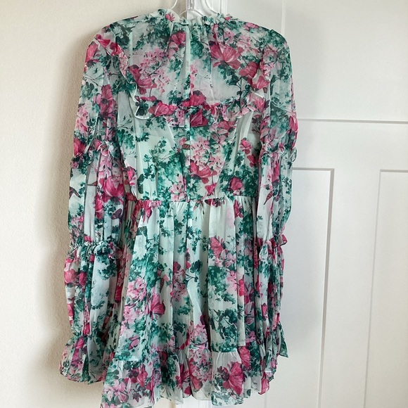 Mac Duggal Long-Sleeve Ruffled Floral Chiffon🦋Tiered Mini Dress - Picture 7 of 16